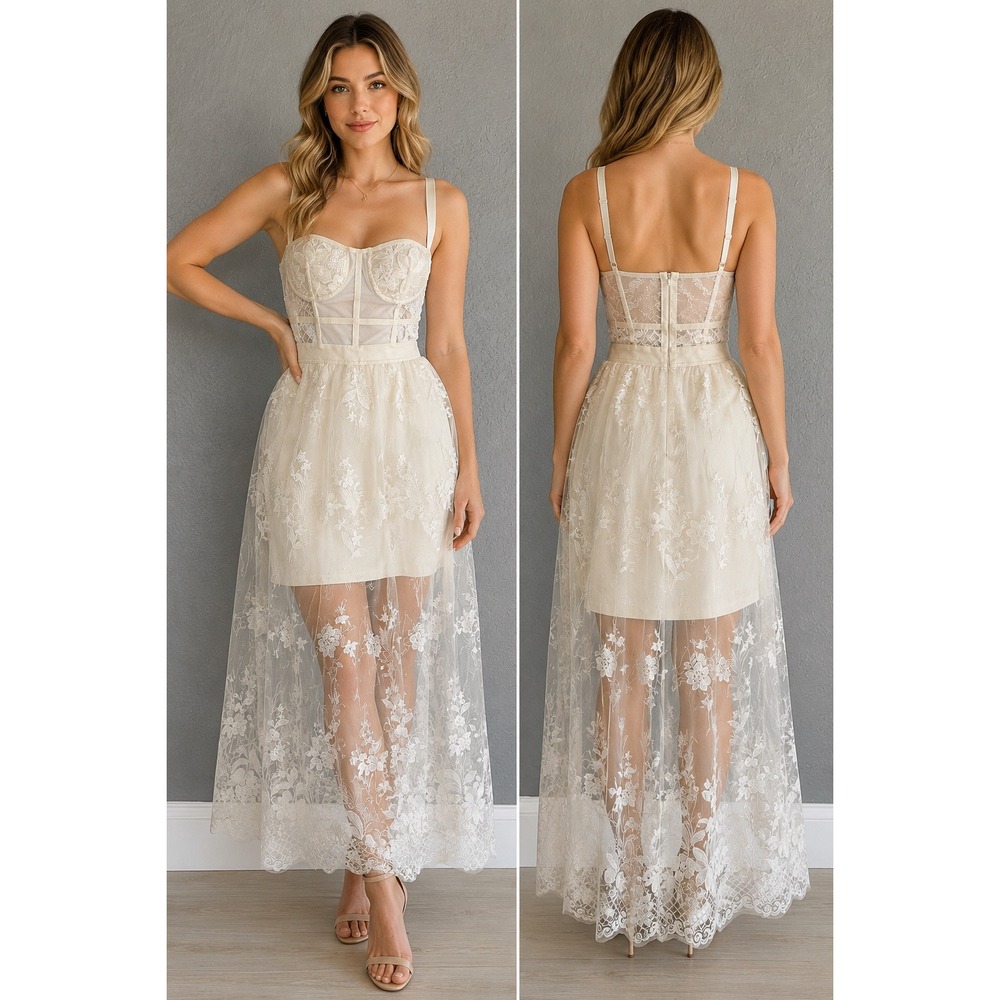 Akira Lace Corset Maxi White Dress Sheer Mesh Bodice‎ M Simple Wedding Stretch